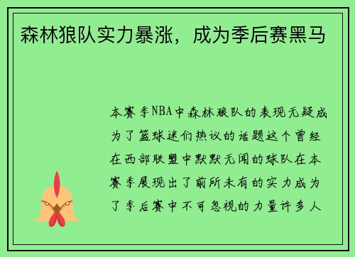 森林狼队实力暴涨，成为季后赛黑马